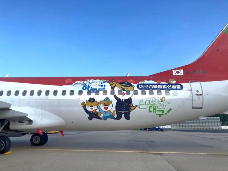 티웨이항공기 동체에 래핑한 대구경북통합신공항 홍보물.