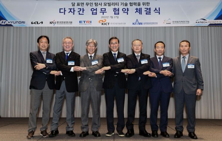 2022년 7월 27일 오후 2시 대전 롯데시티 호텔에서 진행된 달 표면 무인 탐사 모빌리티 개발을 위해 공동연구 협약 체결식. 왼쪽부터 박영득 한국천문연구원장, 박종현 한국전자통신연구원 부원장, 김현준 한국건설기술연구원 연구부원장, 박정국 현대차·기아 연구개발본부장, 이상률 한국항공우주연구원장, 정지영 한국원자력연구원 부원장, 임광훈 한국자동차연구원 경영지원본부장