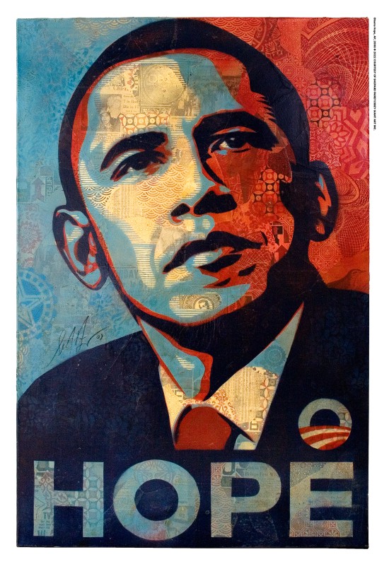2008년 미국 대선 후보였던 버락 오바마의 초상을 그린 셰퍼드 페어리의 'Hope(희망)' 포스터. 사진제공 = 롯데문화재단.