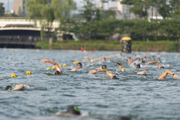 지난해 8월 '2022 롯데 아쿠아슬론' 참가자들이 석촌호수에서 수영을 하고 있다[사진제공=롯데물산].