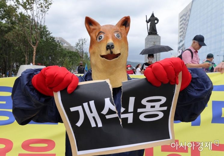 종로구 광화문광장에서 한국동물보호연합 등이 개와 고양이를 식용으로부터 해방시킬 것을 촉구하고 있다./김현민 기자 kimhyun81@