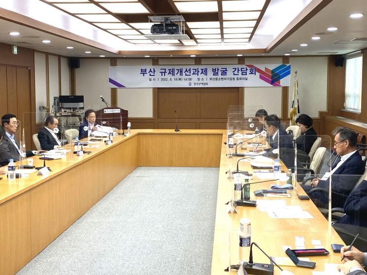 한국무역협회(KITA, 회장 구자열)가 18일 부산 중소벤처기업청에서 개최한 '규제개선과제 발굴 간담회’가 진행되고 있다.
