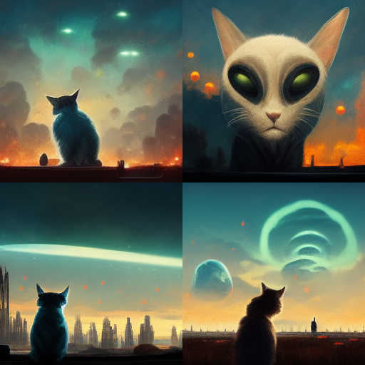 ‘미드저니’에 명령어를 입력하고, 이를 바탕으로 ‘미드저니’가 출력한 그림. ‘지구를 침공한 외계 세력을 지켜보는 고양이’ 문구를 입력했다. 사진=디스코드 미드저니 채널 갈무리