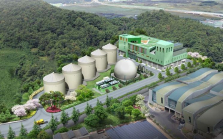 Overall aerial view of the organic waste biogasification facility.