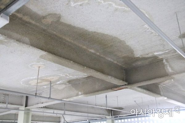 광주광역시 북구 임동 공영주차장 천장에 물이 새 얼룩이져 있다. 이날 오전 비가 내린 지 7시간이 지났지만 물 얼룩은 주차장 천정에 어림잡아 수십 곳이 생겼다.