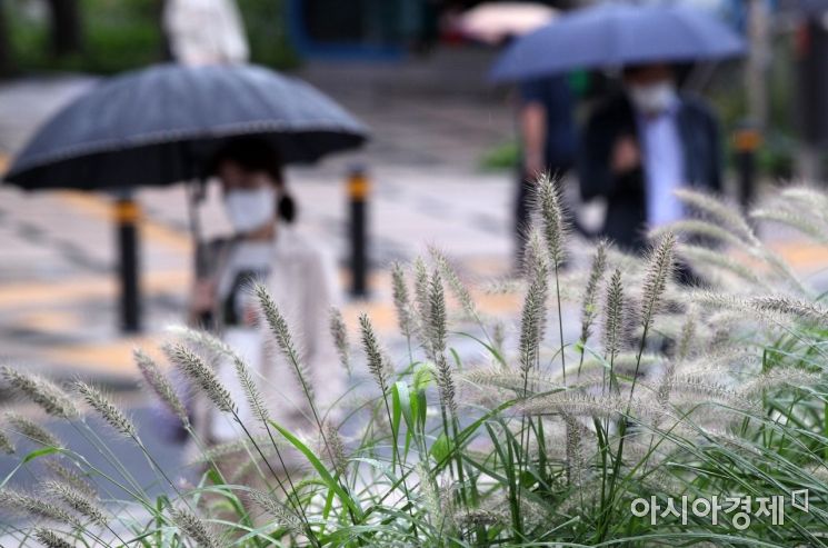 절기상 처서가 지나고 가을을 재촉하는 비가 내린 29일 서울 광화문 거리에서 시민들이 출근길 발걸음을 재촉하고 있다. 이날 기상청은 전국이 흐린 가운데 약한 비가 내리고 선선한 가을 날씨가 이어진다고 예보했다./김현민 기자 kimhyun81@