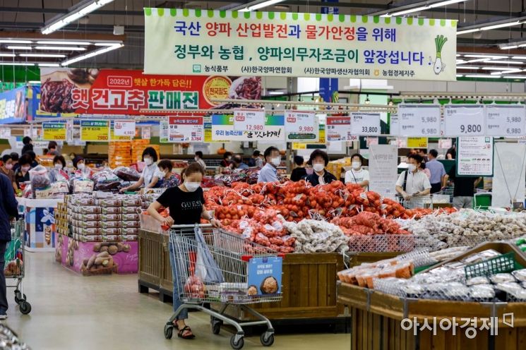 정부가 추석 전 주요 물품의 가격을 1년 전 수준으로 관리하고 소상공인에 최대 400만원을 지급하기로 발표한 29일 서울 서초구 농협유통 하나로마트 양재점을 찾은 시민들이 장을 보고 있다./강진형 기자aymsdream@