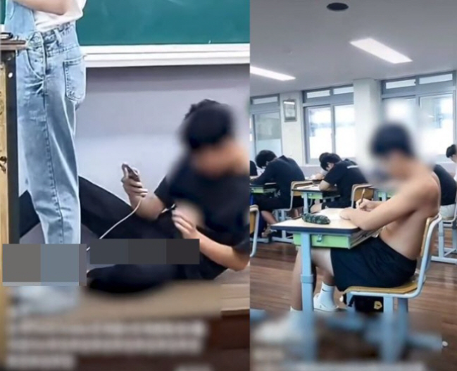 충남의 한 중학교 교실에서 남학생이 교단에 누운 채 수업 중인 교사를 촬영하는 영상이 온라인에 퍼졌다. 사진=틱톡 캡처