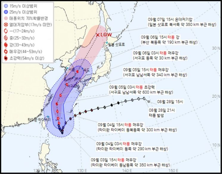 제11호 태풍 힌남노 예상이동경로＜3일 오후 4시 기준, 이미지출처:기상청＞