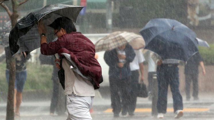 지난 2012년 9월 태풍 '산바'의 영향으로 강한 바람이 불고 많은 양의 비가 내리던 서울 광화문 일대에서 우산을 받쳐 든 시민들이 힘겹게 발걸음을 옮기고 있다. [이미지출처=연합뉴스]