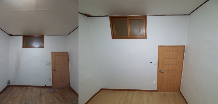 도배, 장판 교체 전(왼쪽)과 공사 완료 후 모습.