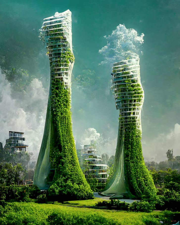미나스 바티아는 나무와 식물, 조류로 뒤덮인 주거용 마천루가 공기 정화 역할을 하는 미래에 대한 비전을 그리고 있다. 사진=미나스 바티아