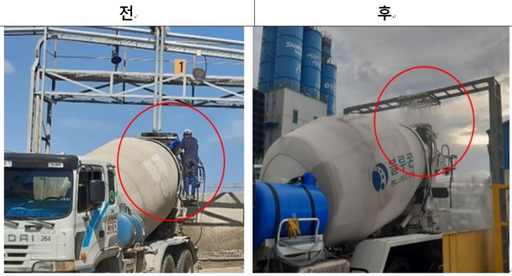 믹서트럭 레미콘 잔유물 자동살수장치 설치 전후 비교모습. [사진제공=삼표그룹]