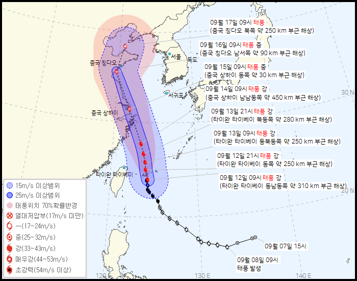 태풍 무이파 중국 연안 북상, 한반도 영향 적어…12~14일 전국 곳곳 비