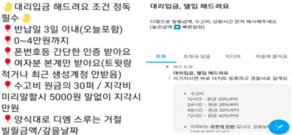 금융지식이 부족한 청소년들을 대상으로 한 '초고금리 대리입금' 피해가 잇따르고 있다. 사진은 사회관계망서비스(SNS) 상 대리입금 광고 예시. 사진=금융감독원 제공
