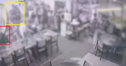 지난 5일 진해경찰서 근처 중식당에서 식사하던 지명수배범이 같은 곳에 점심을 먹으러 온 형사팀에 붙잡혔다. 빨간색이 A씨이며 노란색은 형사팀이다. [사진= 연합뉴스]