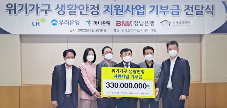 BNK경남은행은 한국토지주택공사 등과 함께 ‘2022년 위기가구 생활안정지원을 위한 기부금’을 주거복지재단에 기탁했다.