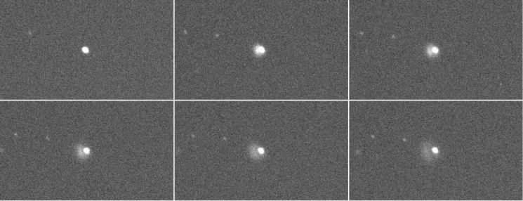 한국천문연구원이 우주물체전자광학감시네트워크 소속 천체망원경으로 DART 우주선 충돌 전후 촬영한 영상. 1번은 충돌 직전의 소행성 디모포스, 2-6번은 충돌 직후 먼지가 분출되는 모습을 볼 수 있다.