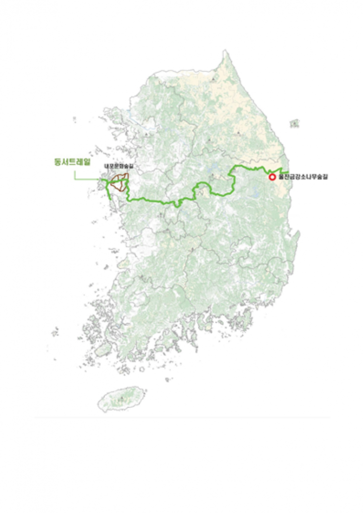 경북 울진에서 충남 태안까지 5개 광역시도 849㎞의 한반도를 횡단하는 동서트레일 구간도.