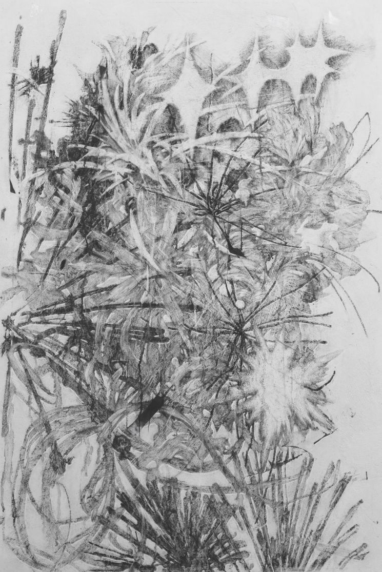 이재훈, 반짝, 번쩍, 반짝, 2022, 벽화기법(장지, 석회, 먹, 목탄, 목탄가루, 아교, 수간채색), 135x90cm. 사진제공 = 페이토 갤러리