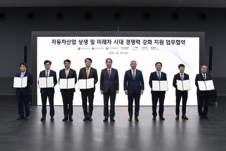 19일 경기도 화성시 소재 현대차?기아 기술연구소에서 열린 '자동차산업 상생 및 미래차 시대 경쟁력 강화 지원'을 위한 업무협약 체결식에서 (왼쪽부터) 한국공정거래조정원 김형배 원장, 현대차그룹 전략기획담당 공영운 사장, 중소벤처기업부 조주현 차관, 산업통상자원부 장영진 1차관, 한덕수 국무총리, 현대차그룹 정의선 회장, 공정거래위원회 윤수현 부위원장, 한국자동차연구원 나승식 원장, 자동차부품산업진흥재단 오원석 이사장이 기념 촬영하고 있다.＜사진제공:현대차그룹＞