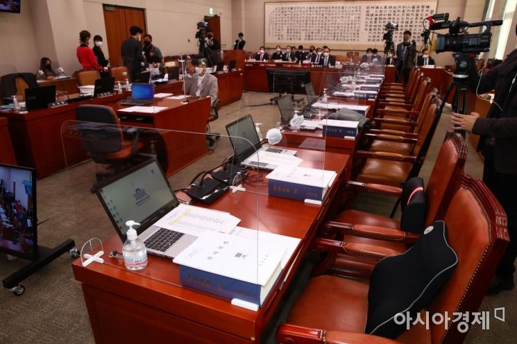 20일 국회에서 열린 대검찰청에 대한 국정감사에서 더불어민주당 의원들이 중앙당사 압수수색 시도와 관련해 항의를 하며 국정감사에 참석하지 않아 자리가 비어있다./윤동주 기자 doso7@