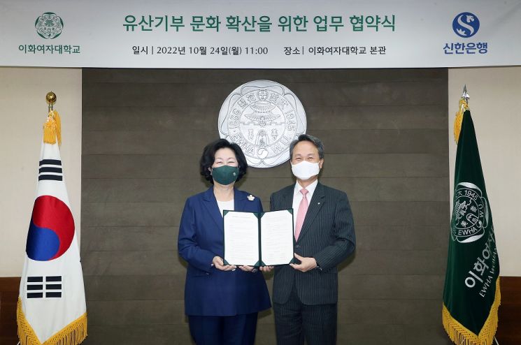 지난 24일 서울 서대문구 이화여자대학교 본관에서 진옥동 신한은행장(오른쪽)과 김은미 이화여대 총장이 기념촬영을 하고 있다.(제공=신한은행)