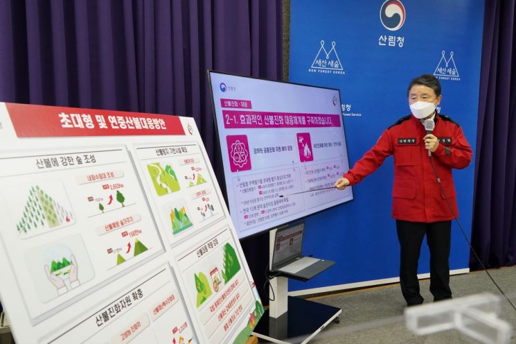 남성현 산림청장이 최근 정부대전청사에서 기자회견을 열어 '초대형 및 연중 산불 대응방안'을 소개하고 있다. 산림청 제공