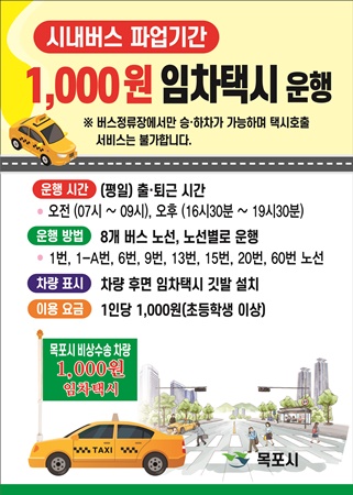 목포시가 버스파업에 따른 1000원 임차택시를 운영한다 (사진=목포시 제공)