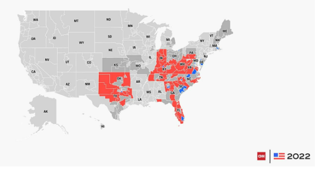 미 동부시간 기준 8일 20시30분 현재(한국시간 9일 오전 10시30분) 하원선거 개표 상황. 붉은 색은 공화당 당선 확정, 파란색은 민주당 당선 확정지역을 가리킨다. [출처: CNN방송 캡쳐]