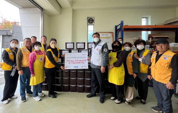 '희망풍차 결연세대 건강지킴이 사업'에 참여한 두산건설과 대한적십자사 직원들이 기념촬영을 하고 있다.