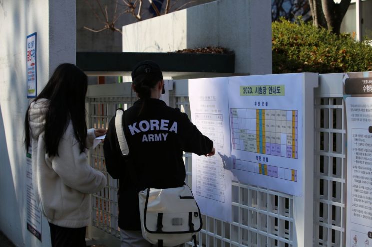 2023학년도 대학수학능력시험을 치를 수험생들이 경남 창원용호고등학교 앞에 붙여진 수험번호표와 시험장 안내도를 확인하고 있다. / 이세령 기자 ryeong@