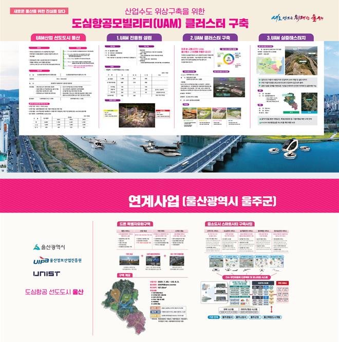도심항공모빌리티(UAM) 클러스터 구축과 UNIST 항공기 기체 전시 등 홍보 디자인.