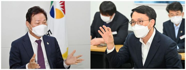 박완수 경남도지사(왼쪽)와 문성요 국토부 국토도시실장이 지역협의회에서 현안 사업에 관해 논의하고 있다.