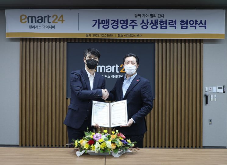 김장욱 이마트24 대표이사(오른쪽)와 박병욱 경영주협의회 회장이 상생협약식 후 기념촬영을 하고 있다. (사진제공=이마트24)