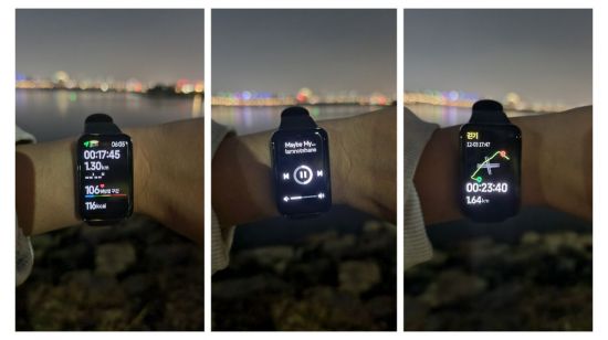 지난 3일 밤 '샤오미 스마트 밴드 7 프로'를 착용한 채 한강공원에서 촬영한 모습. 왼쪽부터 운동 후 몸 상태 측정값, 음악 재생 모드, GPS 기반으로 측정된 운동 루트