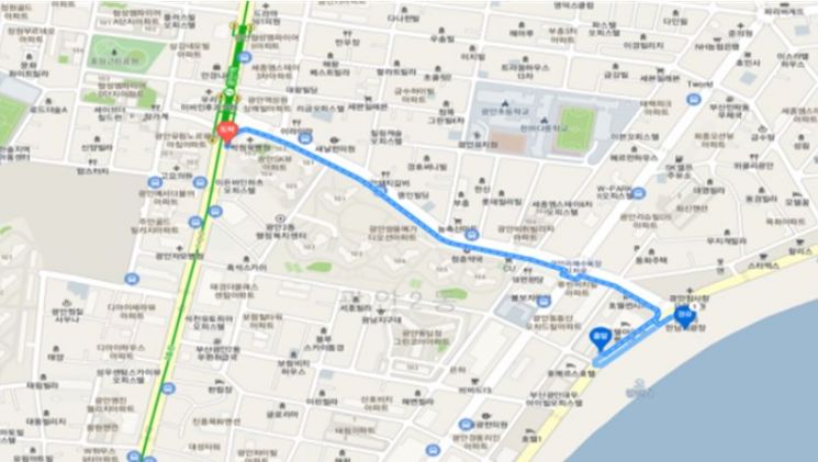 현장점검 동선(종합상황실 → 만남의 광장 → 도시철도 광안역(5번 출구).
