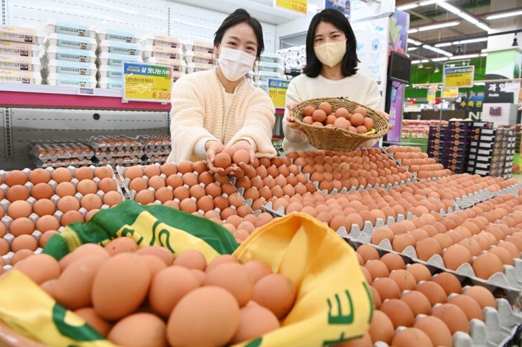 서울 서초구 농협 하나로마트 양재점에서 모델들이 할인 판매하는 계란을 소개하고 있다(사진=농협유통 제공).