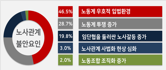 기업들은 내년 노사관계를 불안하게 하는 요인으로 ‘노동계 우호적 입법환경’(46.5%)를 가장 많이 꼽았다./사진제공=한국경영자총협회