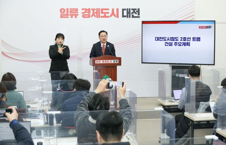이장우 대전시장이 20일 대전시청에서 ‘트램 건설 주요계획’을 발표하고 있다. 대전시 제공