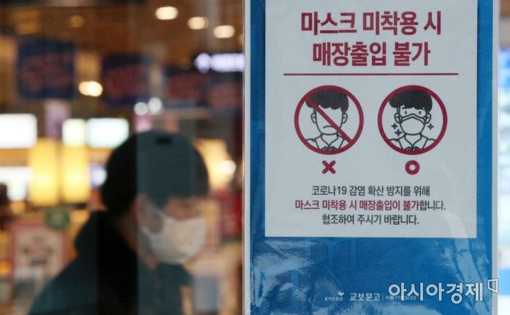지난해 12월23일 서울 시내 한 서점에 마스크 착용 관련 안내문이 게시돼 있다. 정부는 이날 코로나19 중대본 회의를 통해 실내 마스크 착용 의무 조정안을 확정해 발표한다./김현민 기자 kimhyun81@