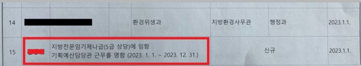 경남 창녕군이 A 씨를 5급 특채한 인사발령. / 김욱 기자assa113@