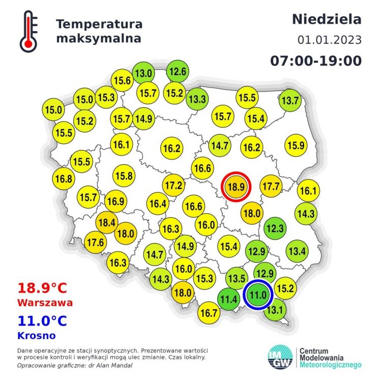 폴란드 기상청이 트위터에 올린 1일 기온이 기록된 사진. 사진=연합뉴스