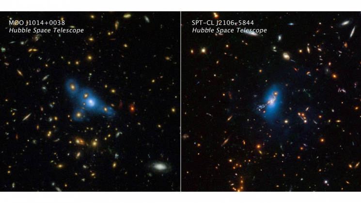 허블우주망원경으로 관측한 은하단내광 사진. 왼쪽은 85억 년 전 과거 우주에서 발견된 MOO1014 은하단, 오른쪽은 82억 년 전 과거 우주에서 발견된 SPT2106 은하단을 보여준다. 그림에서 오렌지 색깔로 보이는 수백 개의 천체들은 은하단을 구성하는 개별 은하들이고 푸른색으로 나타낸 것이 은하단내광이다. 이 은하단내광의 밝기는 은하단 전체 밝기의 약 17%를 차지한다. 지금까지는 주류 이론에서는 이처럼 먼 과거의 우주에서는 은하단내광이 아직 만들어지기 전이라 믿어 왔으나 본 관측 연구로 은하단내광의 기존 생성 이론이 크게 수정돼야 함을 밝혔다. 또한 이처럼 초기 은하단에서 은하단내광이 풍부하다는 사실은 이들이 보이지 않는 암흑물질의 ‘보이는 추적자’로 사용될 수 있음을 시사한다. /사진 = 연세대 제공