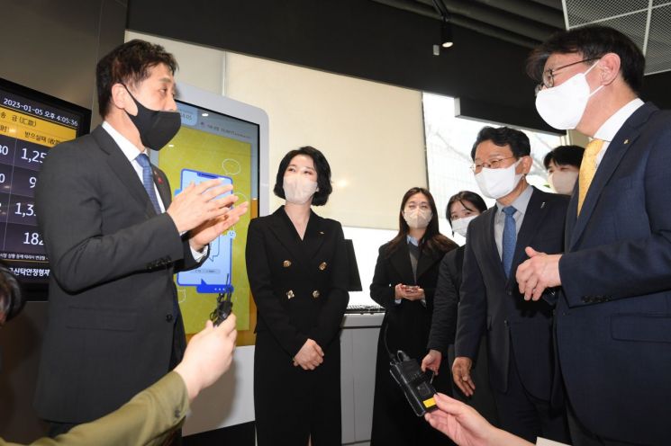 Financial Services Commission Chairman Kim Ju-hyun is visiting the KB Kookmin Bank Namdaemun Comprehensive Financial Center in Jung-gu, Seoul on the afternoon of the 5th to conduct an on-site inspection of flexible stores, engaging in conversation with KB Kookmin Bank President Lee Jae-geun and other officials. Photo by Yonhap News