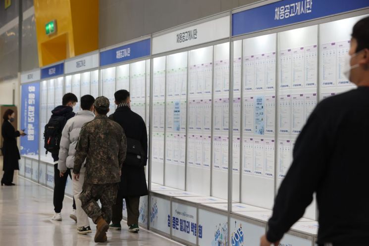 지난해 11월15일 서울 서초구 aT센터에서 열린 '참 좋은 일자리 박람회'에서 구직자들이 채용 공고문을 살펴보고 있다. [이미지출처=연합뉴스]