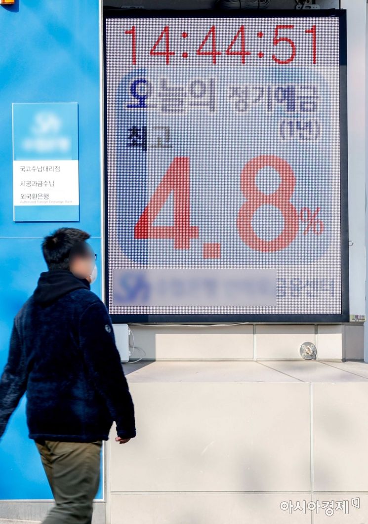주요 시중은행들이 정기예금 금리를 5%대에서 4%대로 낮춘 9일 서울 한 은행 입구 전광판에 정기예금 금리가 표시돼 있다./강진형 기자aymsdream@