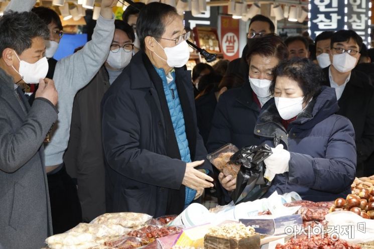 한덕수 국무총리가 18일 설 명절 대비 민생현장 방문을 위해 서울 동대문구 경동시장을 찾아 물품을 구매하며 시장상인들을 격려하고 있다. 사진=김현민 기자 kimhyun81@