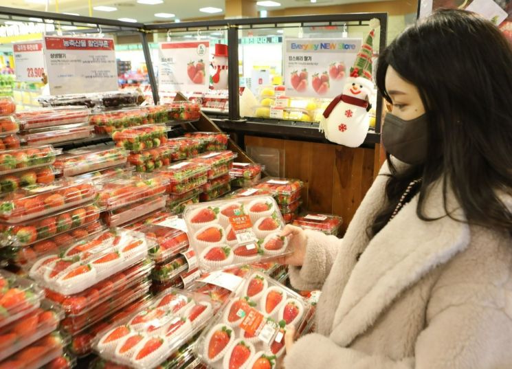 롯데마트 서울역점에서 고객이 두리향 딸기를 구매하고 있다. [사진제공=롯데마트]
