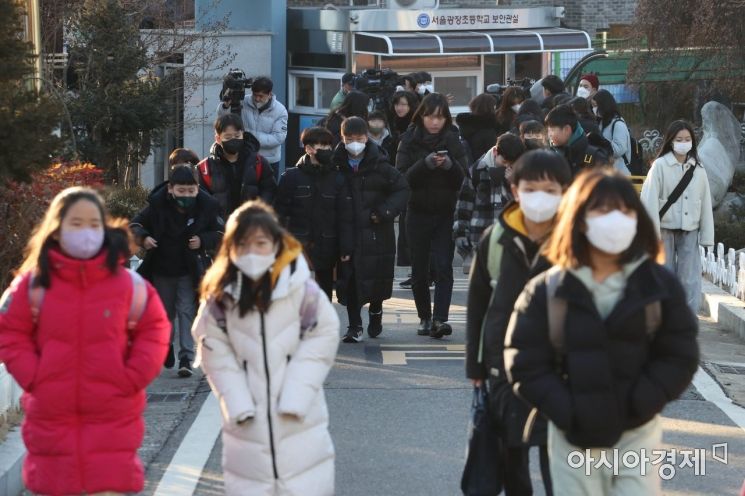 실내에서의 마스크 착용이 법정 의무에서 착용 권고로 전환된 지난 1월 30일 서울 광진구 광장초등학교 학생들 대부분이 마스크를 쓰고 등교하고 있다. 사진=허영한 기자 younghan@